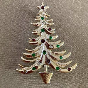 Vintage Signed Tancer II Gold Tone Christmas Tree with Multicolored Rhinestones